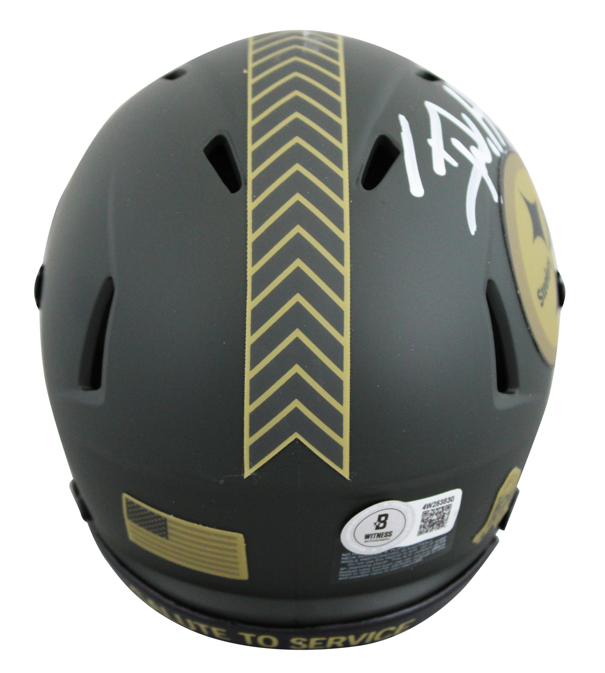 Steelers T.J. Watt Signed Salute to Service IV Speed Mini Helmet W/ Case BAS Wit