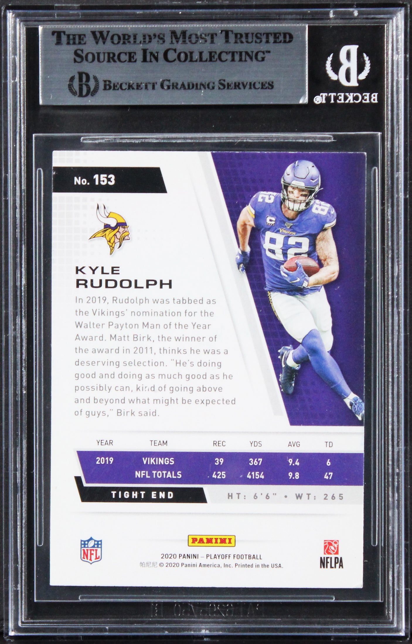 Vikings Kyle Rudolph Authentic Signed 2020 Playoff #153 Card BAS Slabbed