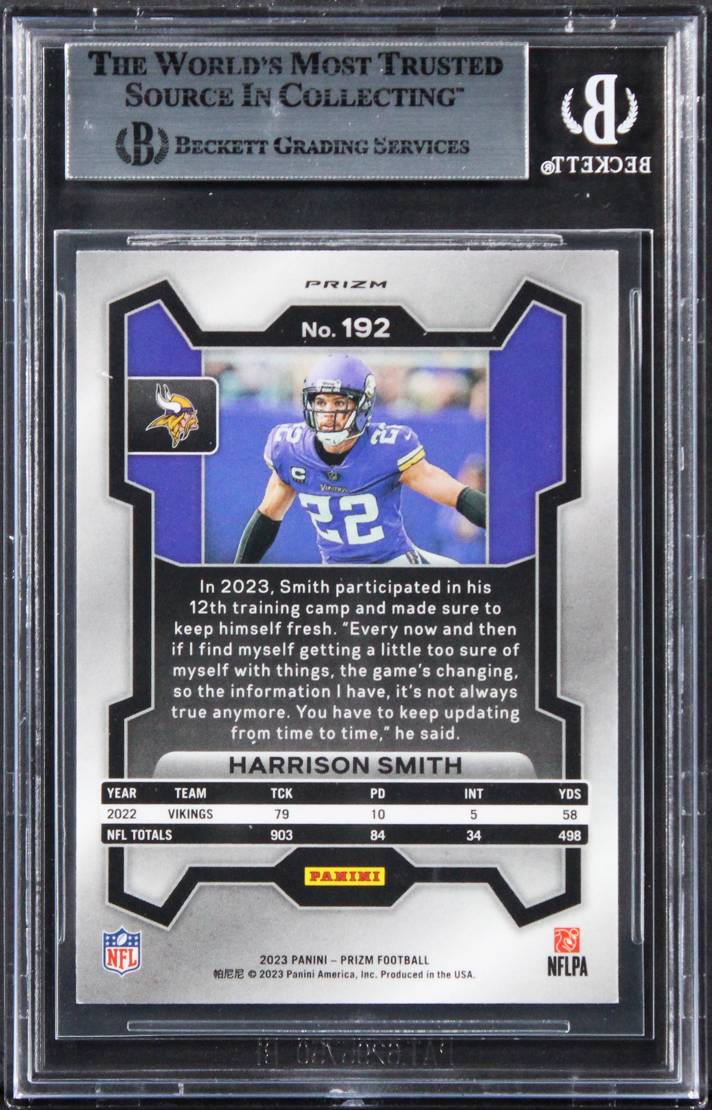 Vikings Harrison Smith Signed 2023 Panini Prizm Orange Disco #192 Card BAS Slab