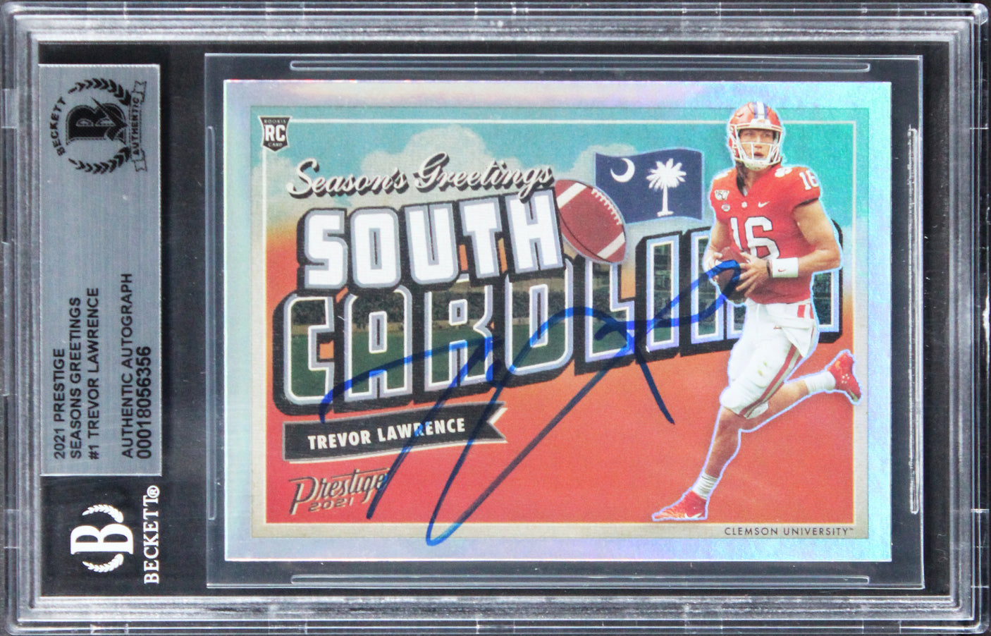 Trevor Lawrence Signed 2021 Prestige Seasons Greetings #1 Rookie Card BAS Slab