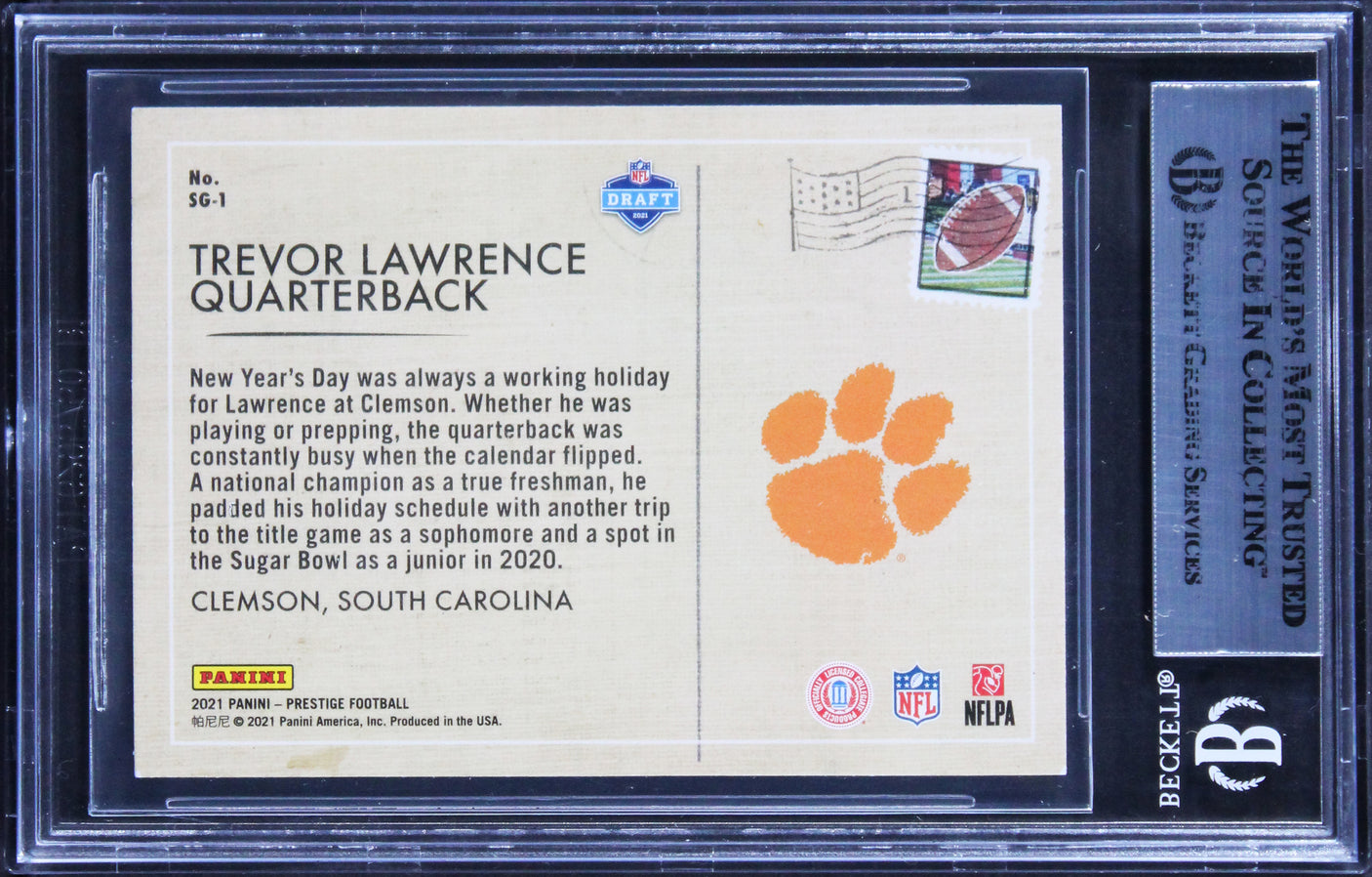 Trevor Lawrence Signed 2021 Prestige Seasons Greetings #1 Rookie Card BAS Slab