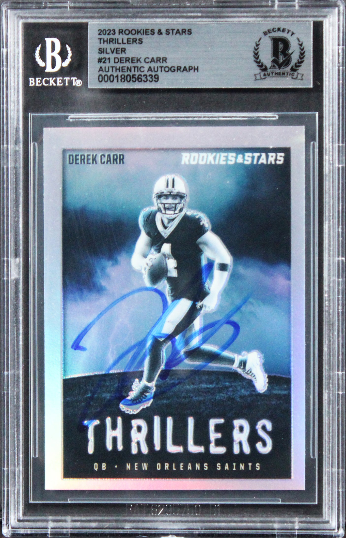 Saints Derek Carr Signed 2023 Rookies & Stars Thrillers Silver #21 Card BAS Slab