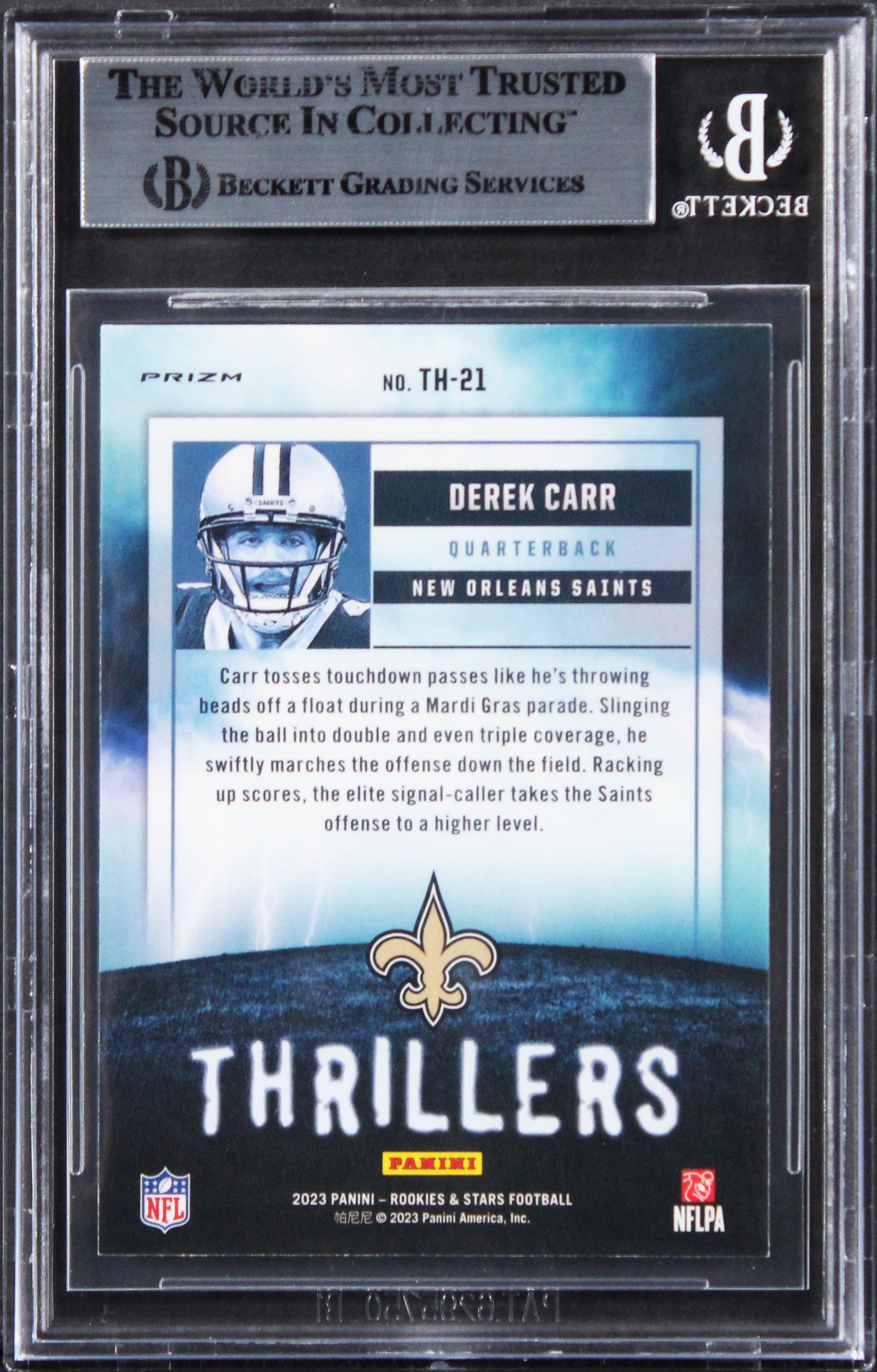 Saints Derek Carr Signed 2023 Rookies & Stars Thrillers Silver #21 Card BAS Slab