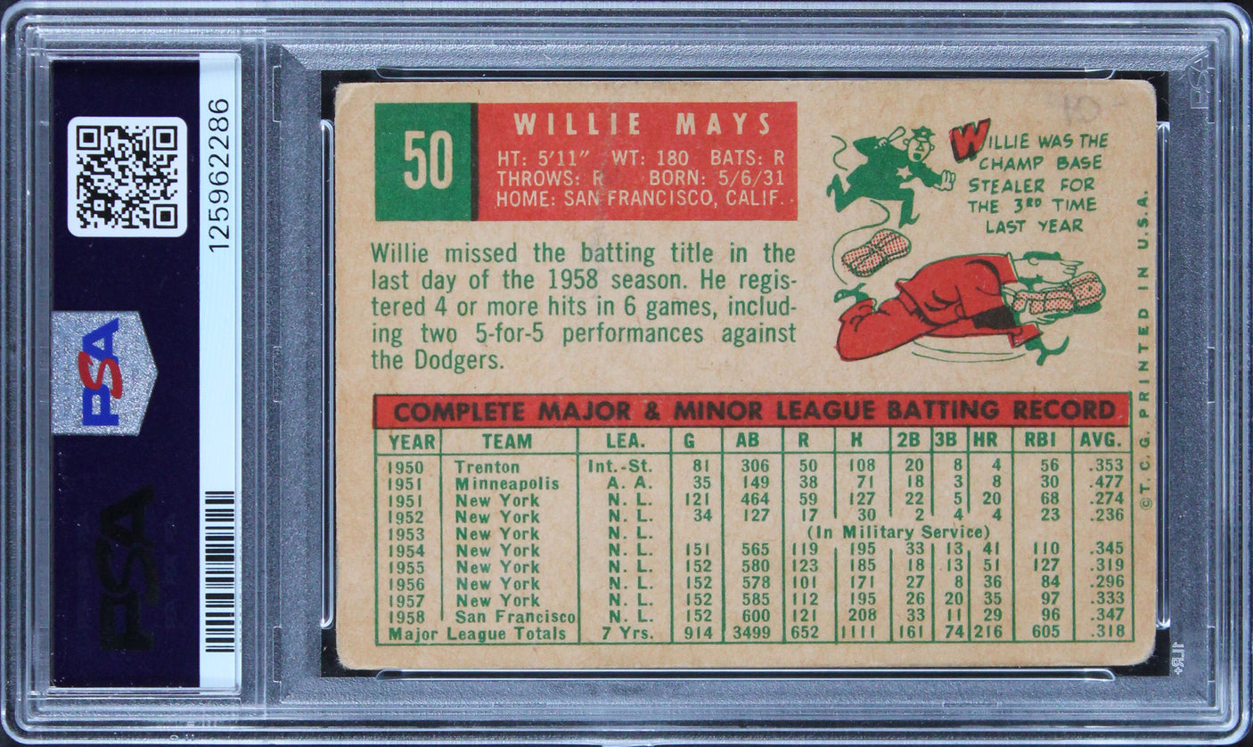 Giants Willie Mays Authentic Signed 1959 Topps #50 Card Auto 10! PSA/DNA Slabbed