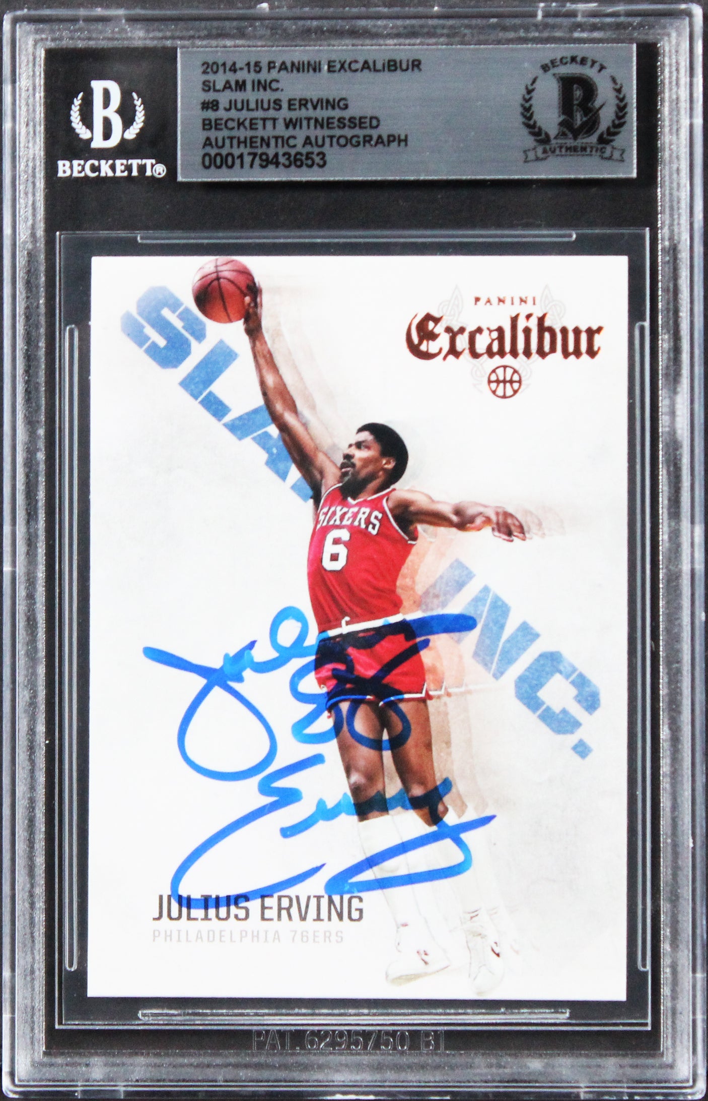 76ers Julius Erving Signed 2014 Panini Excalibur Slam Inc. #8 Card BAS Slabbed