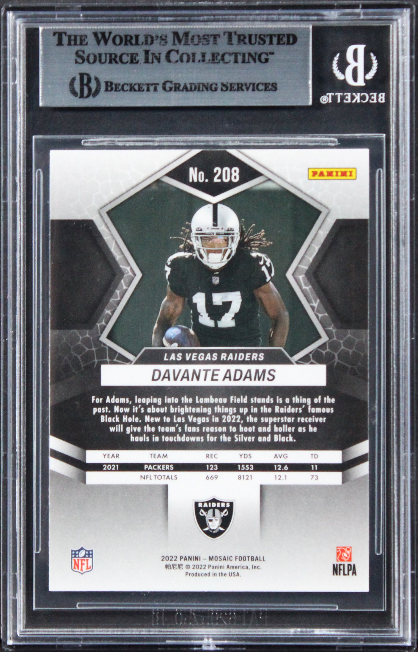 Raiders Davante Adams Signed 2022 Panini Mosaic Thunder Lane #9 Card BAS Slabbed