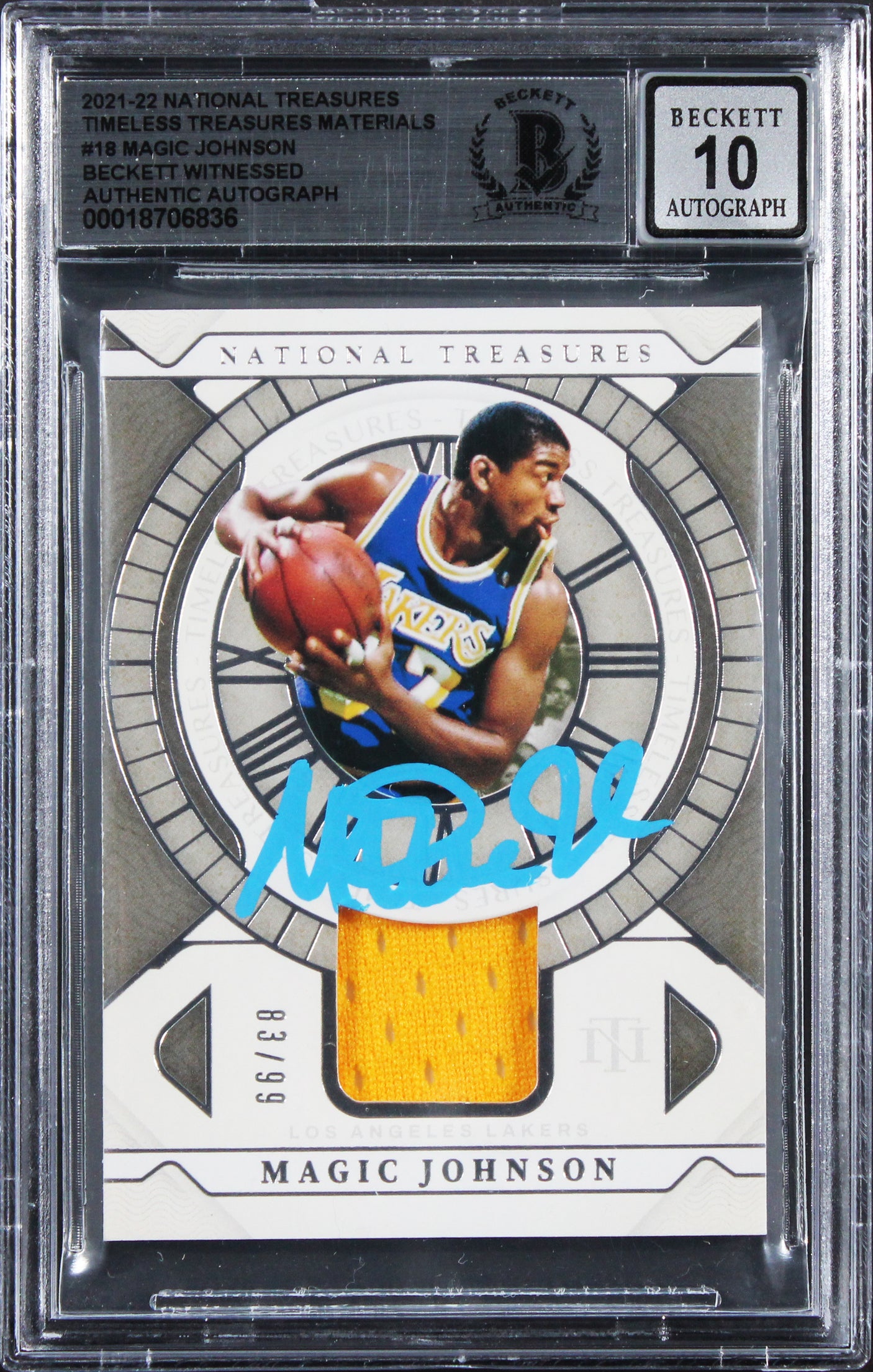 Magic Johnson Signed 2021 NT Timeless Mat #18 #83/99 Card Auto 10! BAS Slabbed