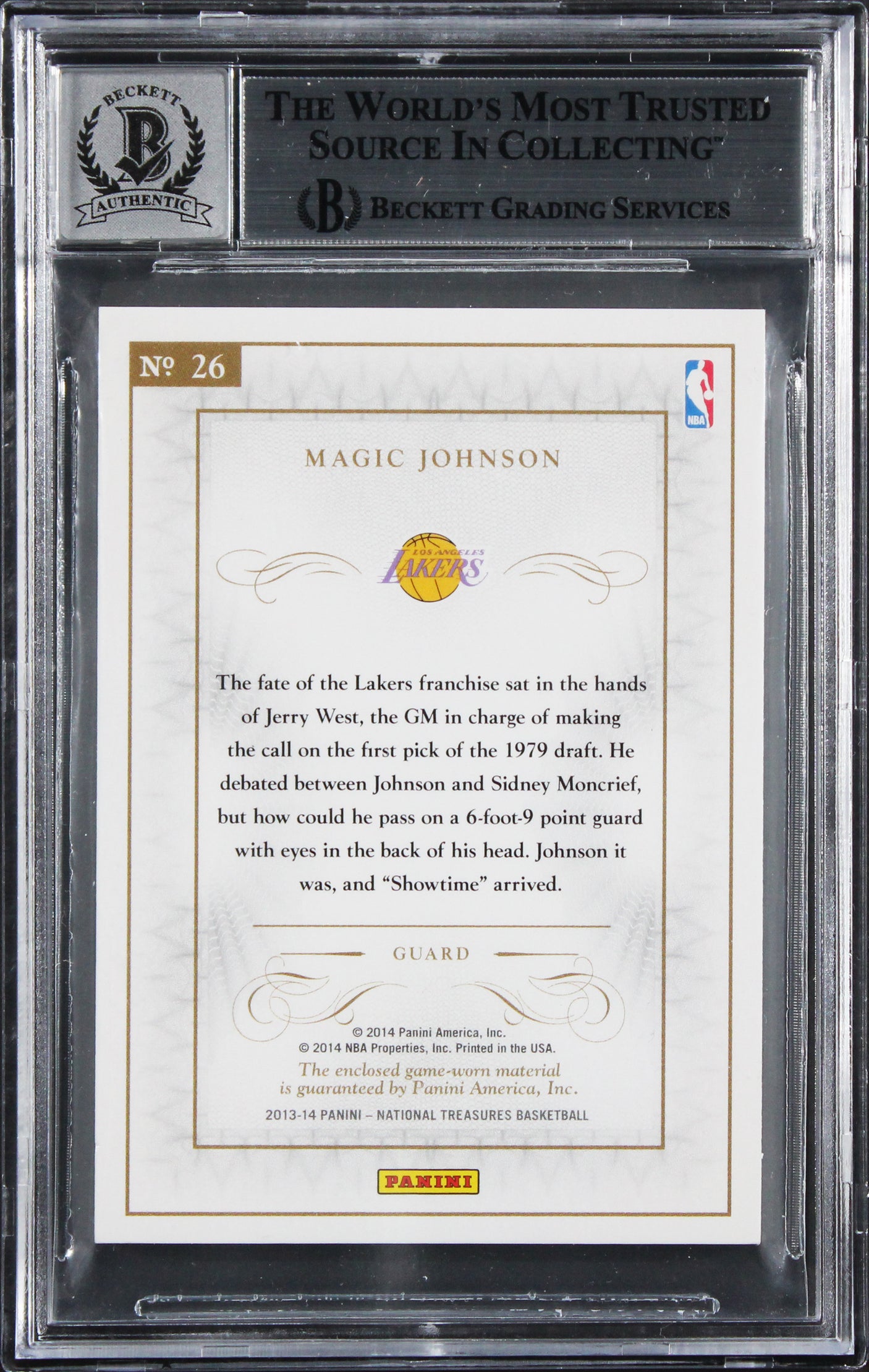 Magic Johnson Signed 2013 NT Mat Treasures #26 #26/49 Card Auto 10! BAS Slabbed