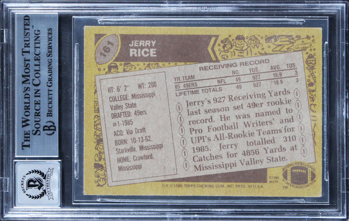 49ers Jerry Rice "HOF 2010" Signed 1986 Topps #161 RC Card Auto 10 BAS Slabbed 3