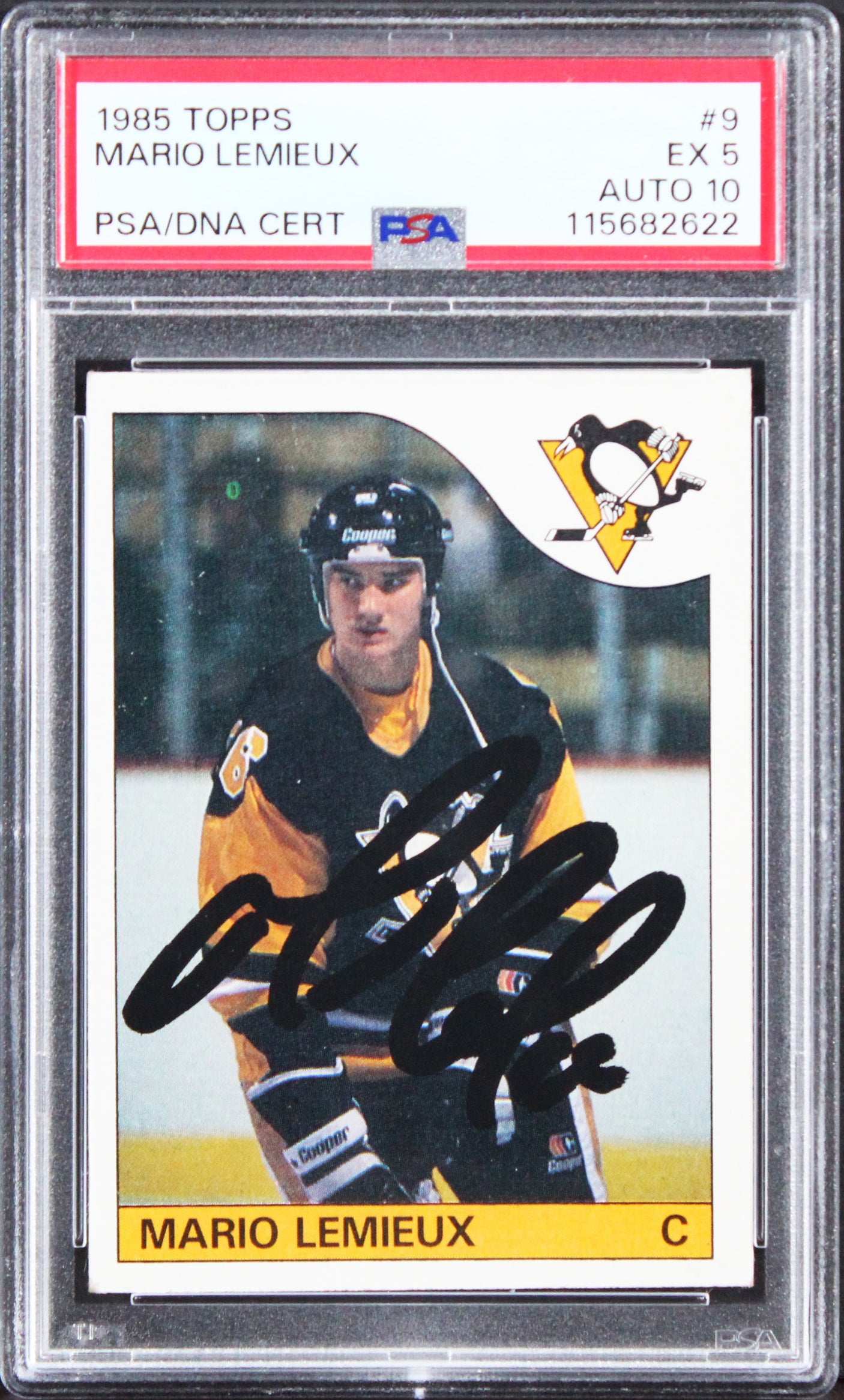 Penguins Mario Lemieux Signed 1985 Topps #9 RC Card Ex 5 Auto 10! PSA/DNA Slab