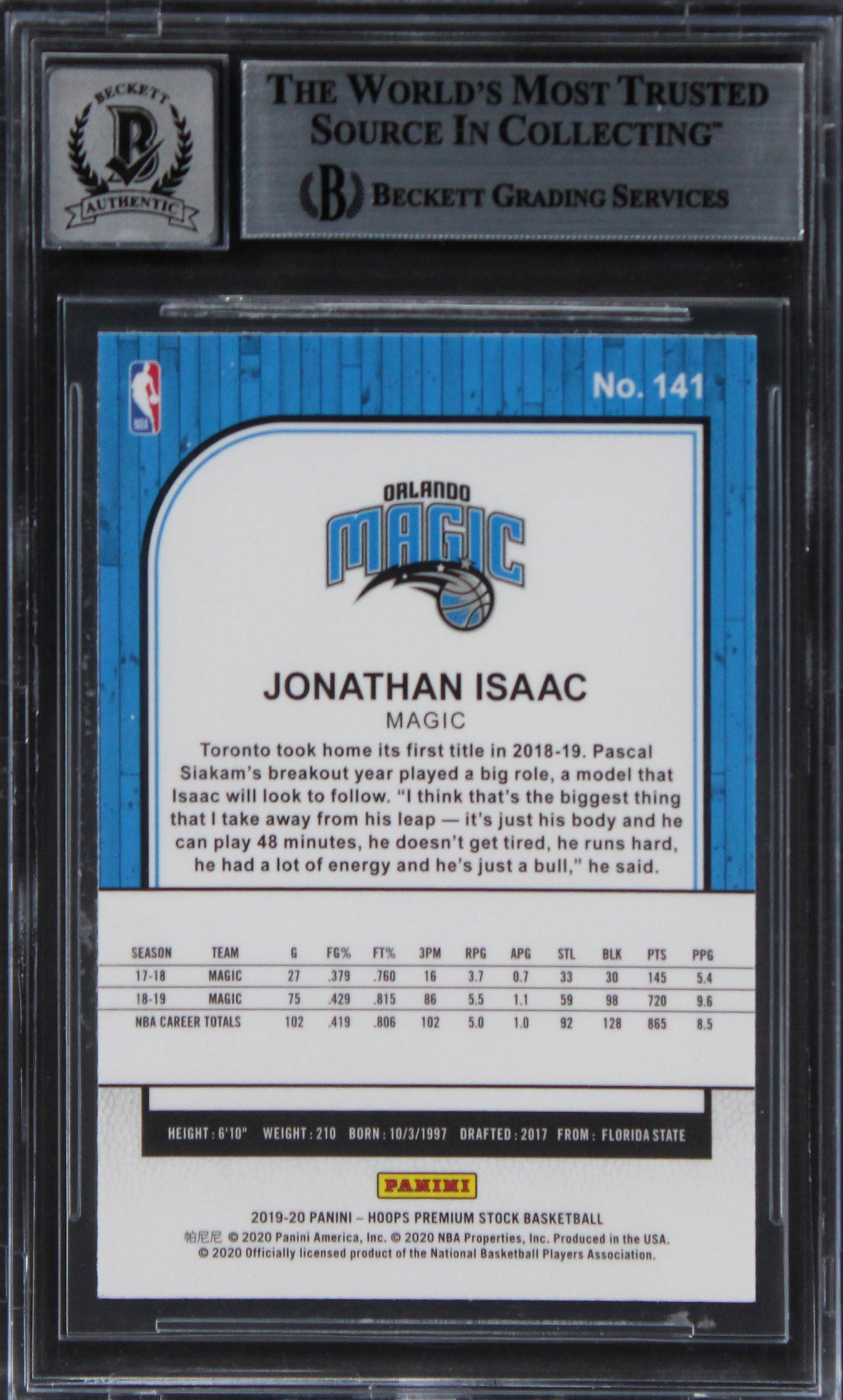 Magic Jonathan Isaac Signed 2019 Hoops Premium Stock #141 Card Auto 10! BAS Slab
