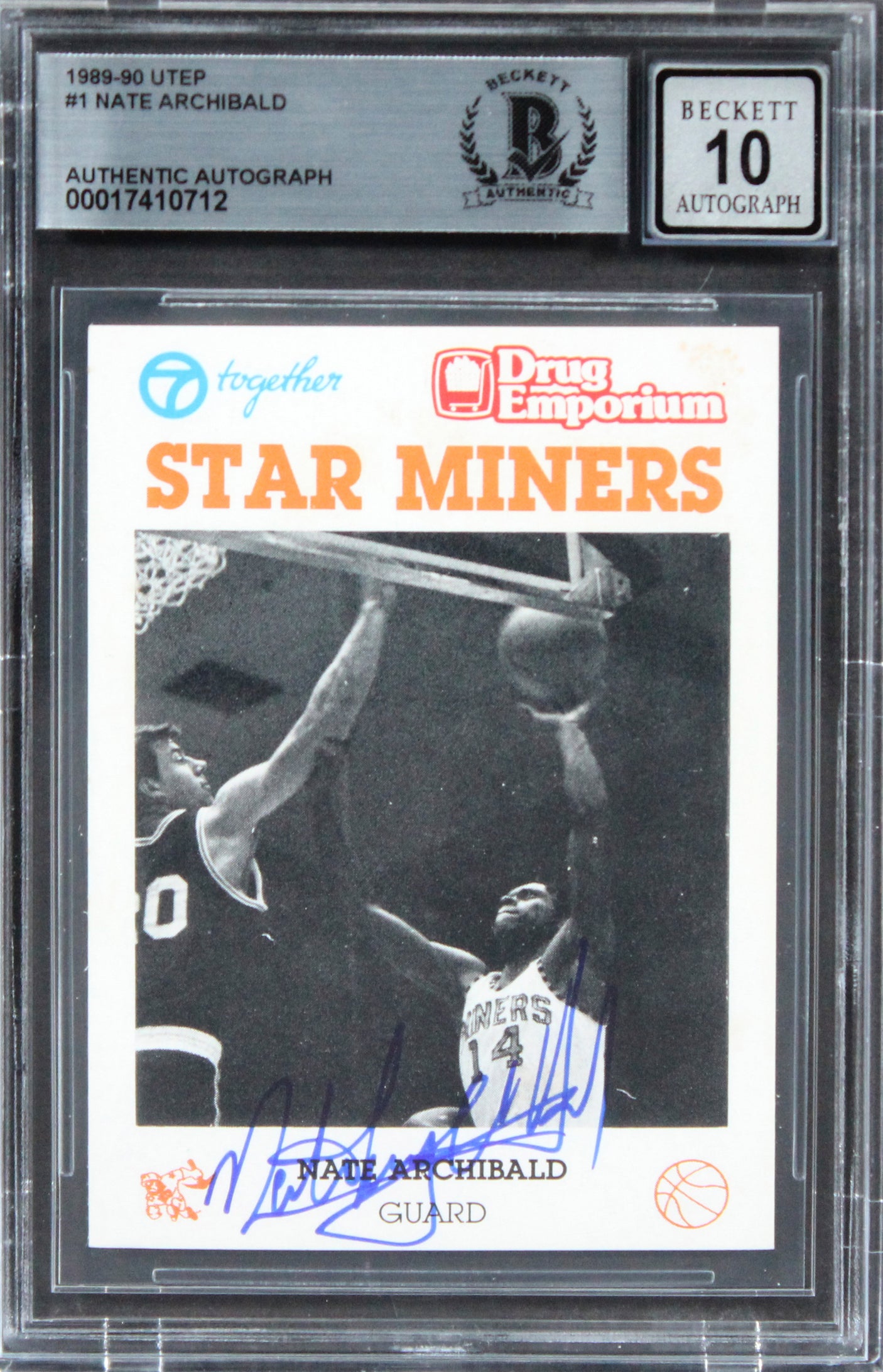 Nate Archibald Authentic Signed 1989 Utep #1 Card Auto Graded 10! BAS Slabbed