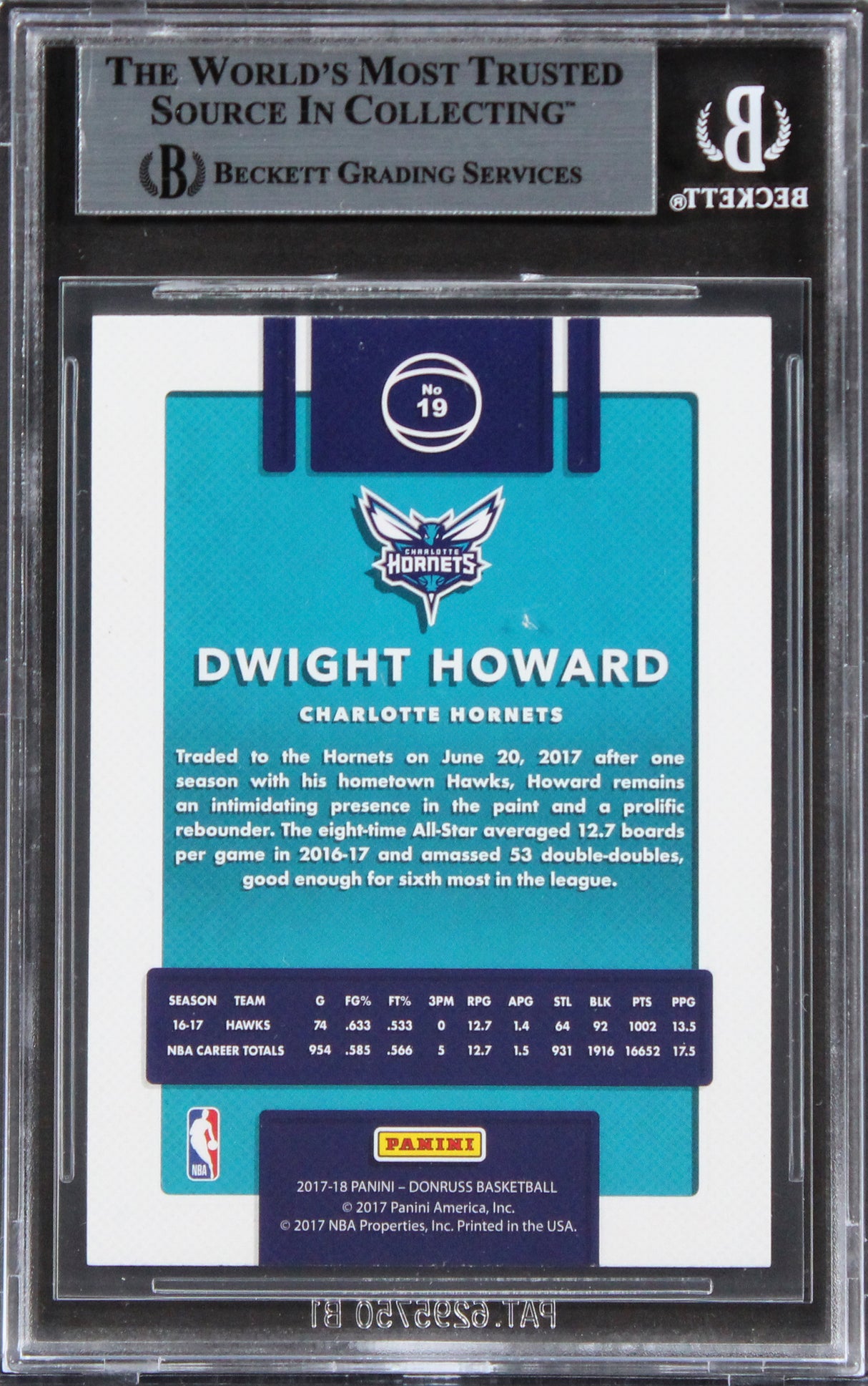 Hornets Dwight Howard Authentic Signed 2017 Donruss #19 Card Auto 10 BAS Slabbed