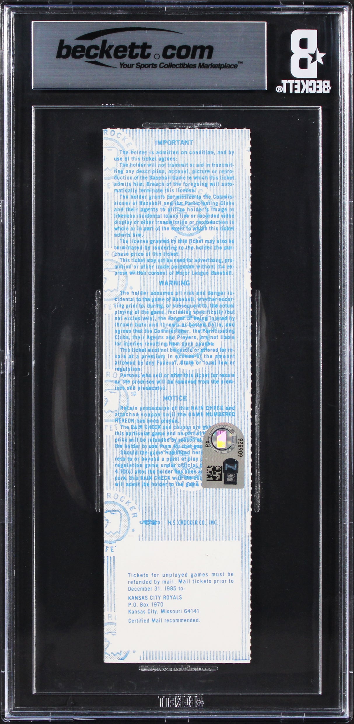 Royals George Brett 1985 WS Game 7 Full Ticket Graded NM-MT 8 Auto 10! BAS Slab