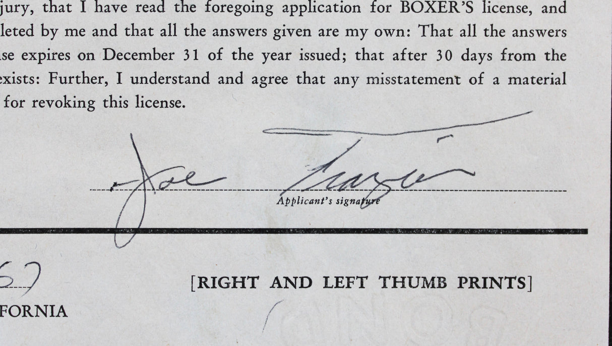 Joe Frazier Authentic Signed 8.5x13 1967 Boxing License Renewal App JSA #ZZ80605