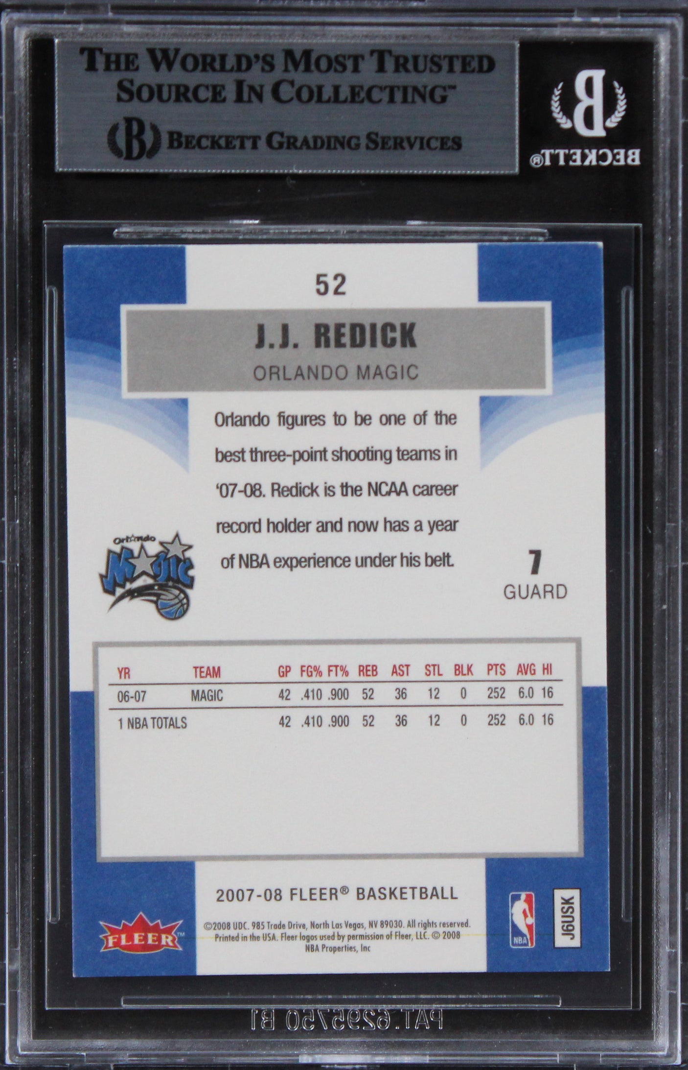 Magic J.J. Redick Authentic Signed 2007 Fleer #52 Card BAS Slabbed