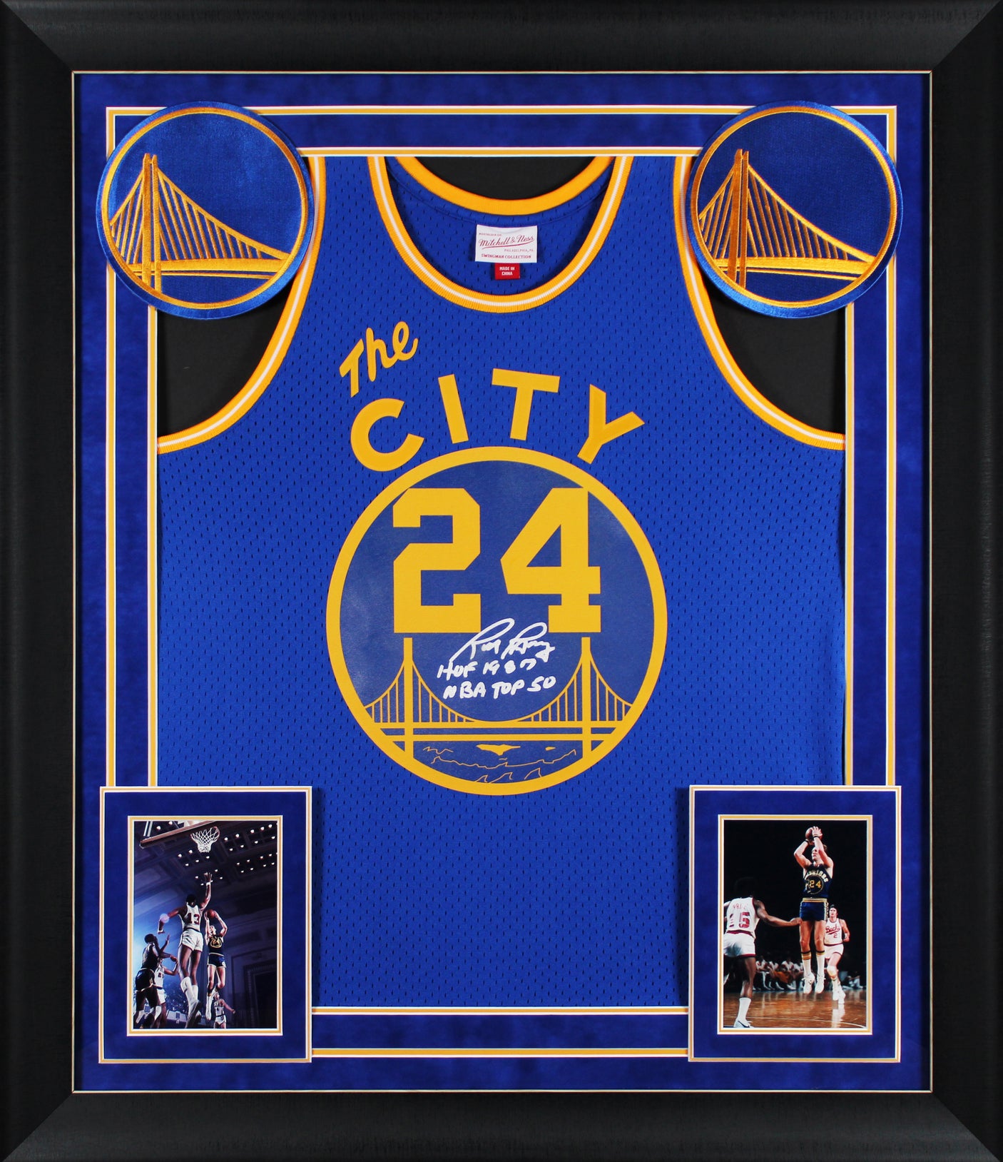Warriors Rick Barry "2x Insc" Signed Blue M&N TB Swingman Framed Jersey BAS Wit