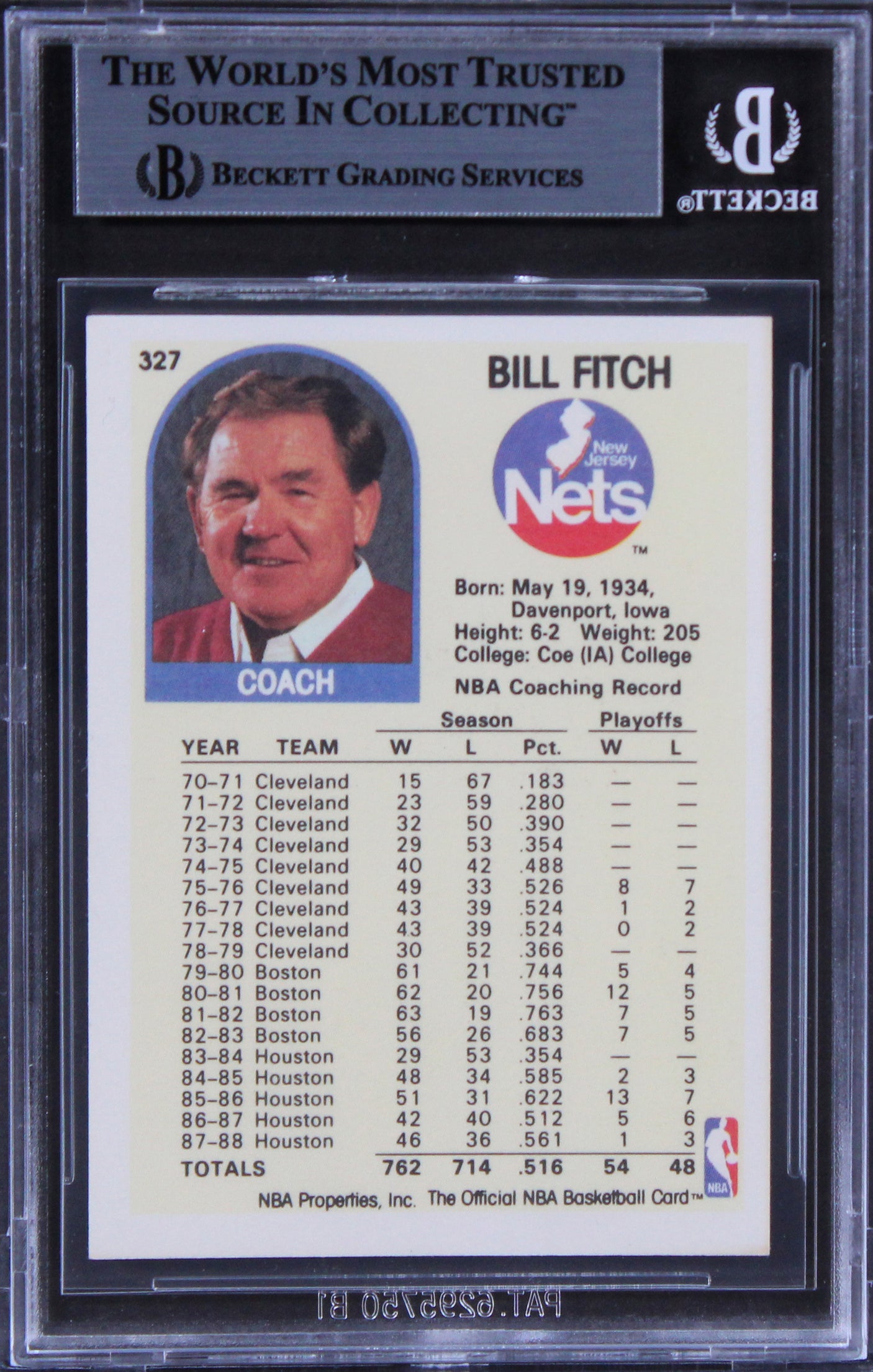 Nets Bill Fitch Authentic Signed 1989 Hoops #327 Card BAS Slabbed