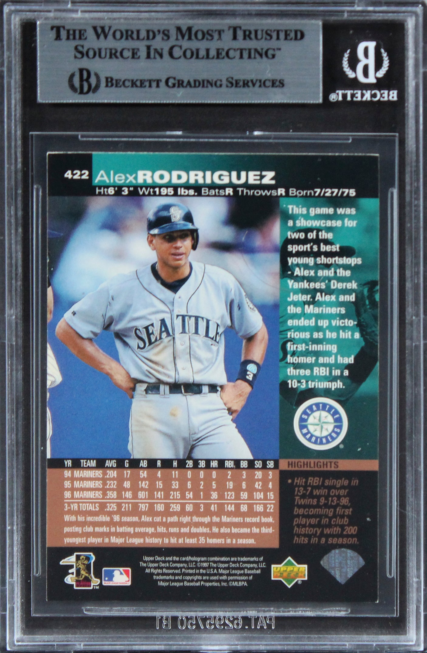 Mariners Alex Rodriguez Authentic Signed 1997 Upper Deck #422 Card BAS Slabbed