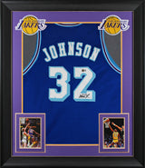 Magic Johnson Signed Blue Throwback Pro Style Framed Jersey BAS Witnessed 2
