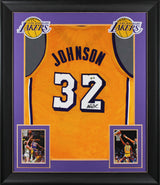 Magic Johnson Signed Yellow Pro Style Framed Jersey w/ White Numbers BAS Wit 2