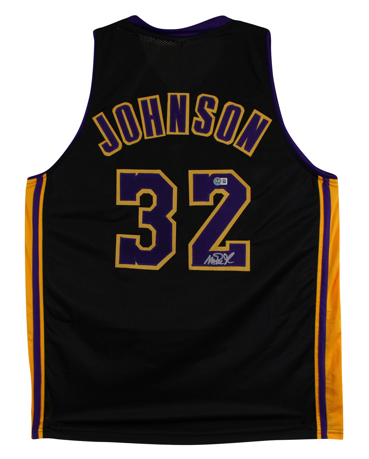 Magic Johnson Signed Black Pro Style Jersey w/ Purple Numbers BAS Witnessed 2