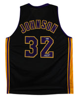 Magic Johnson Signed Black Pro Style Jersey w/ Purple Numbers BAS Witnessed 2