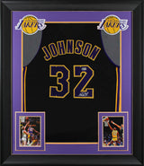 Magic Johnson Signed Black Pro Style Framed Jersey w/ Purple Numbers BAS Wit 2