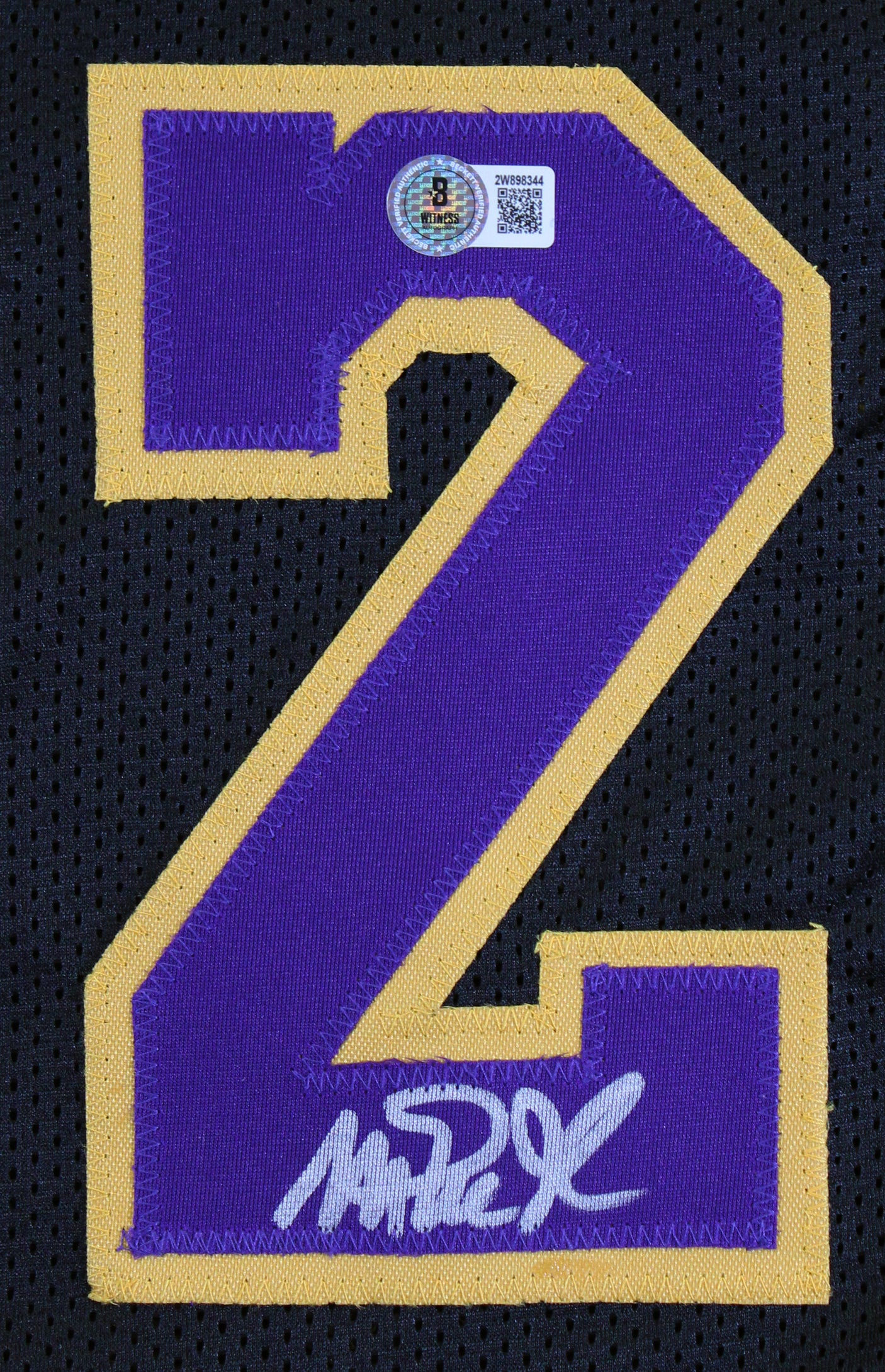 Magic Johnson Signed Black Pro Style Framed Jersey w/ Purple Numbers BAS Wit 2