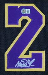 Magic Johnson Signed Black Pro Style Jersey w/ Purple Numbers BAS Witnessed 2