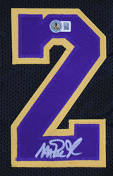 Magic Johnson Signed Black Pro Style Framed Jersey w/ Purple Numbers BAS Wit 2