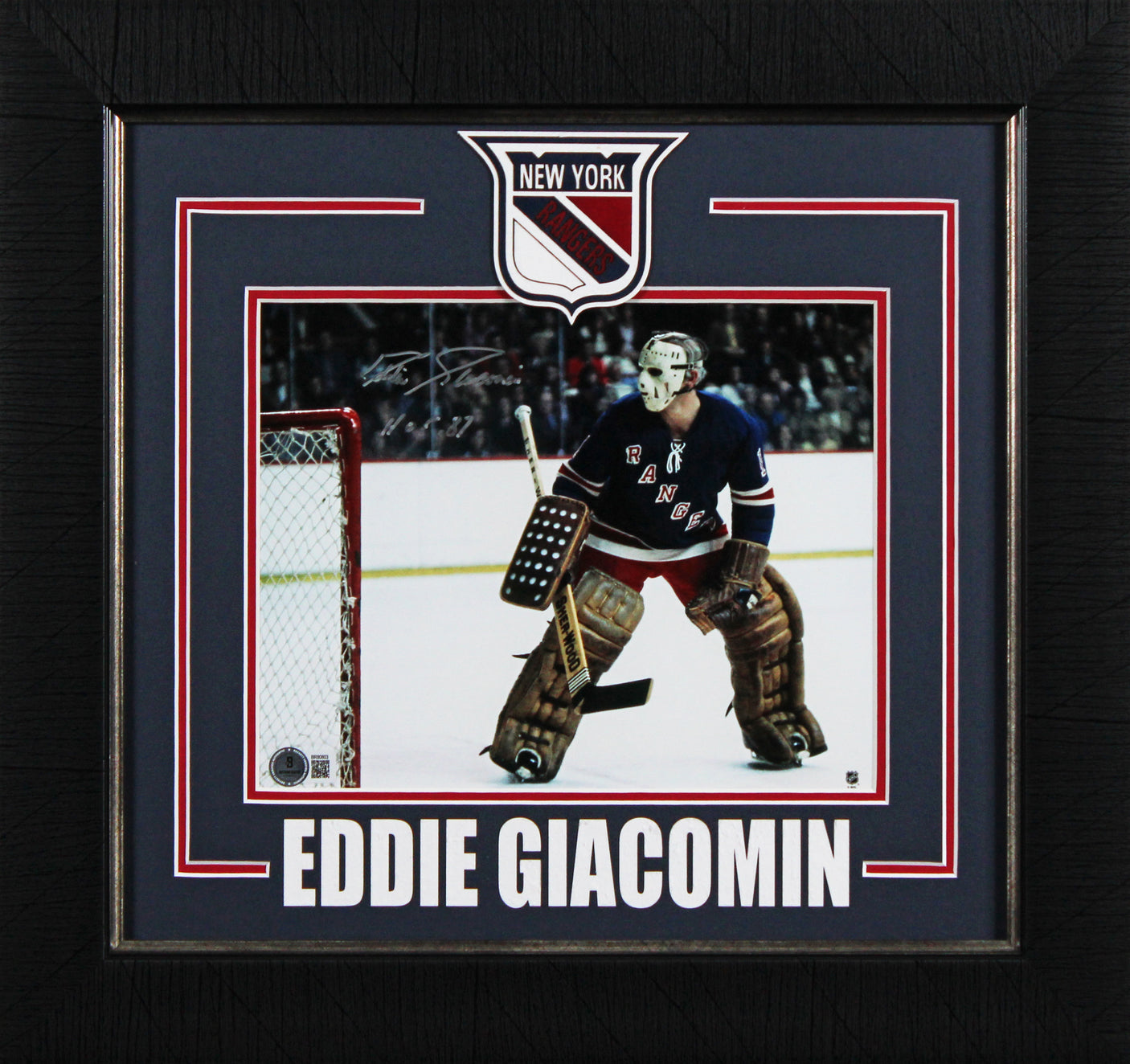 Rangers Eddie Giacomin "HOF 87" Authentic Signed 8x10 Framed Photo BAS 2