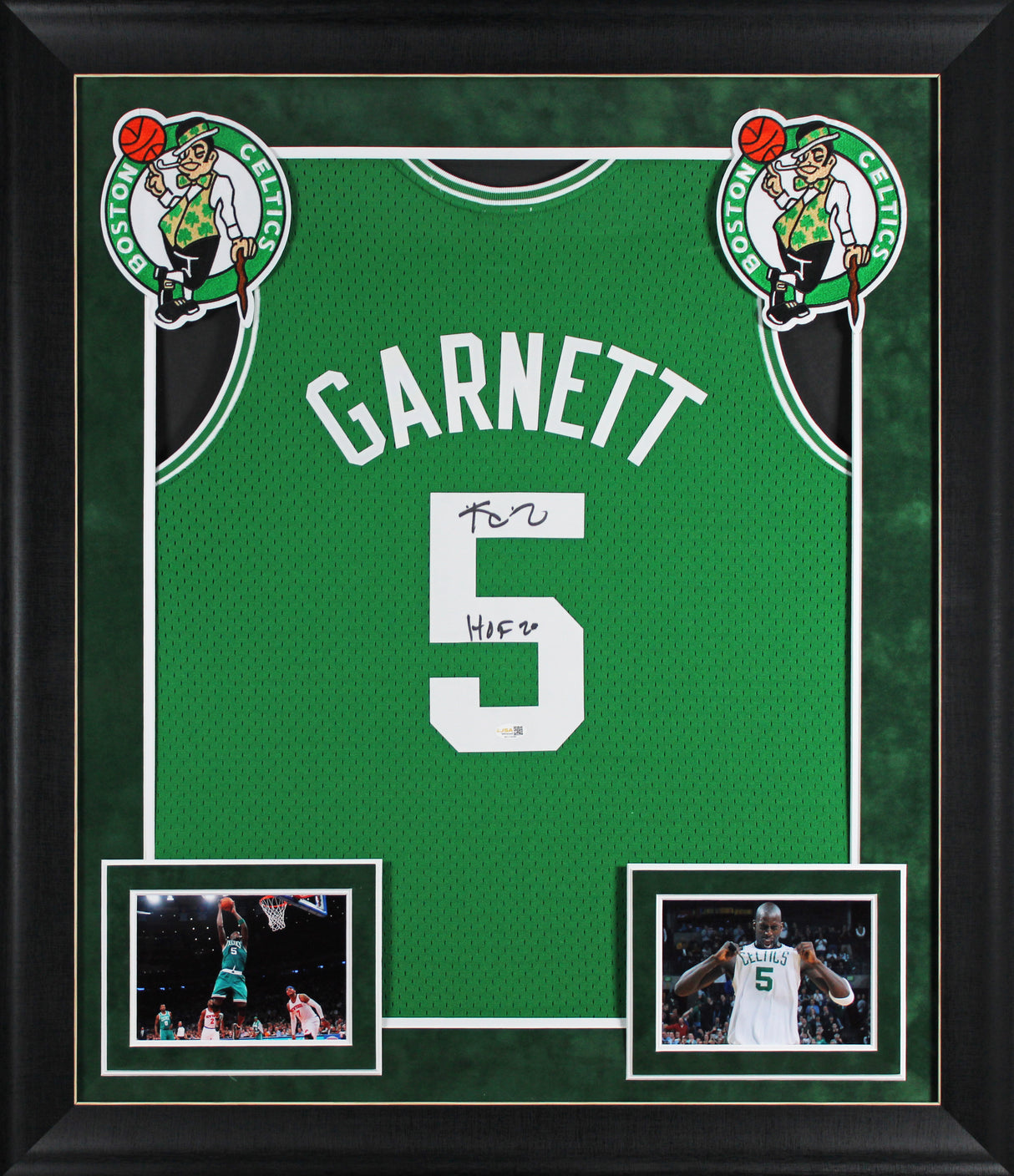 Celtics Kevin Garnett "HOF 20" Signed Green M&N HWC Swingman Framed Jersey JSA W