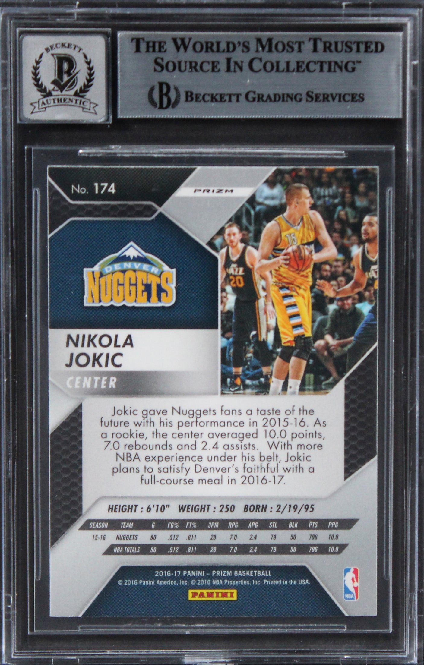 Nuggets Nikola Jokic Signed 2016 Panini Prizms Silvr #174 Card Auto 10! BAS Slab
