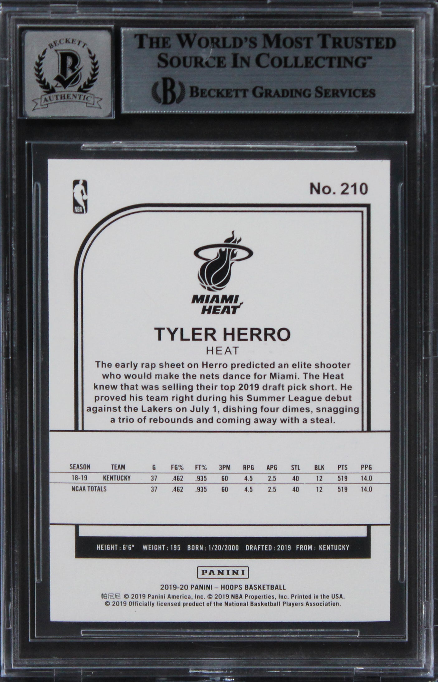 Heat Tyler Herro Signed 2019 Hoops #210 Rookie Card Auto 10! BAS Slabbed