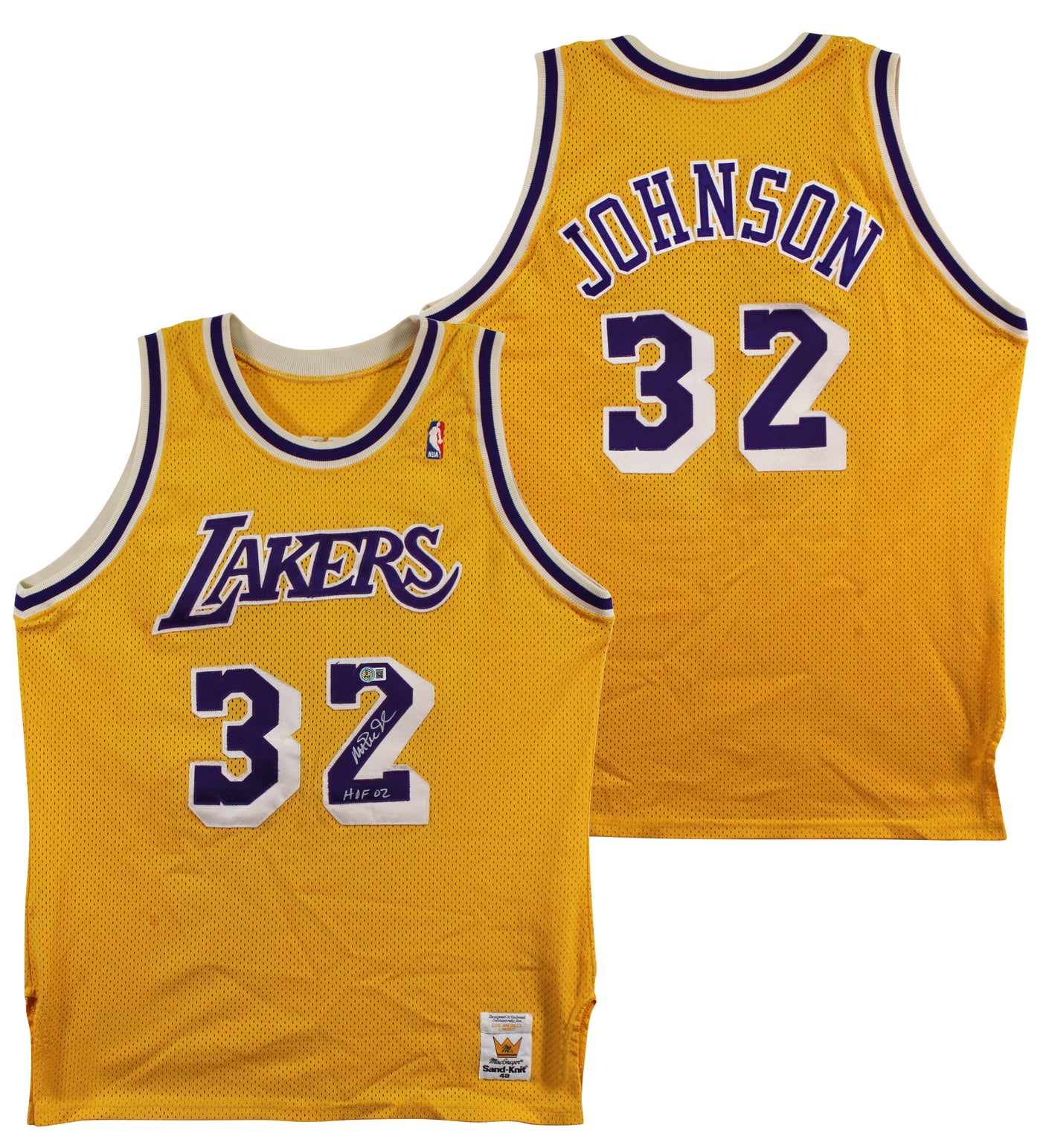 Lakers Magic Johnson "HOF 02" Signed Yellow MacGregor Sand-Knit Jersey BAS Wit 1