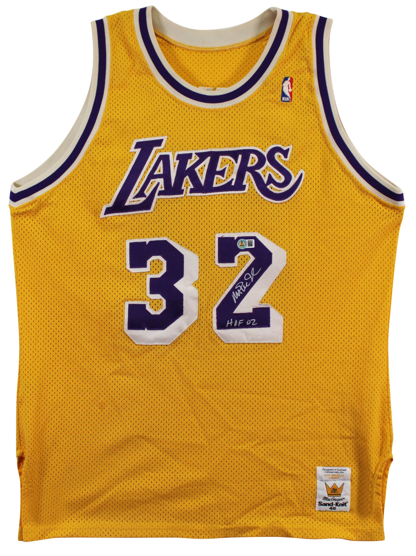 Lakers Magic Johnson "HOF 02" Signed Yellow MacGregor Sand-Knit Jersey BAS Wit 1