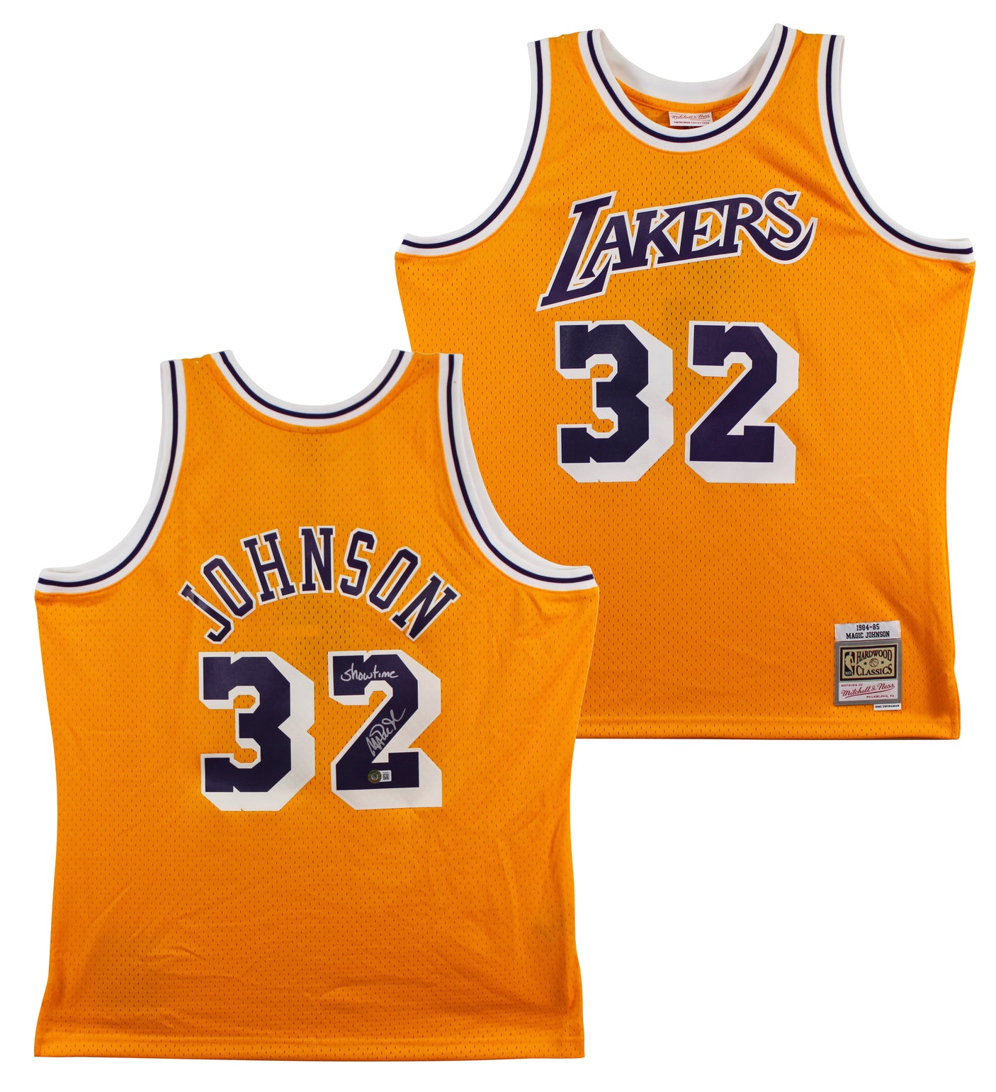 Lakers Magic Johnson "Showtime" Signed Yellow M&N HWC Swingman Jersey BAS Wit