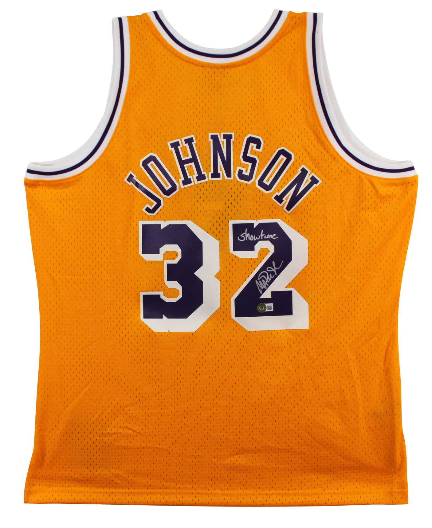 Lakers Magic Johnson "Showtime" Signed Yellow M&N HWC Swingman Jersey BAS Wit