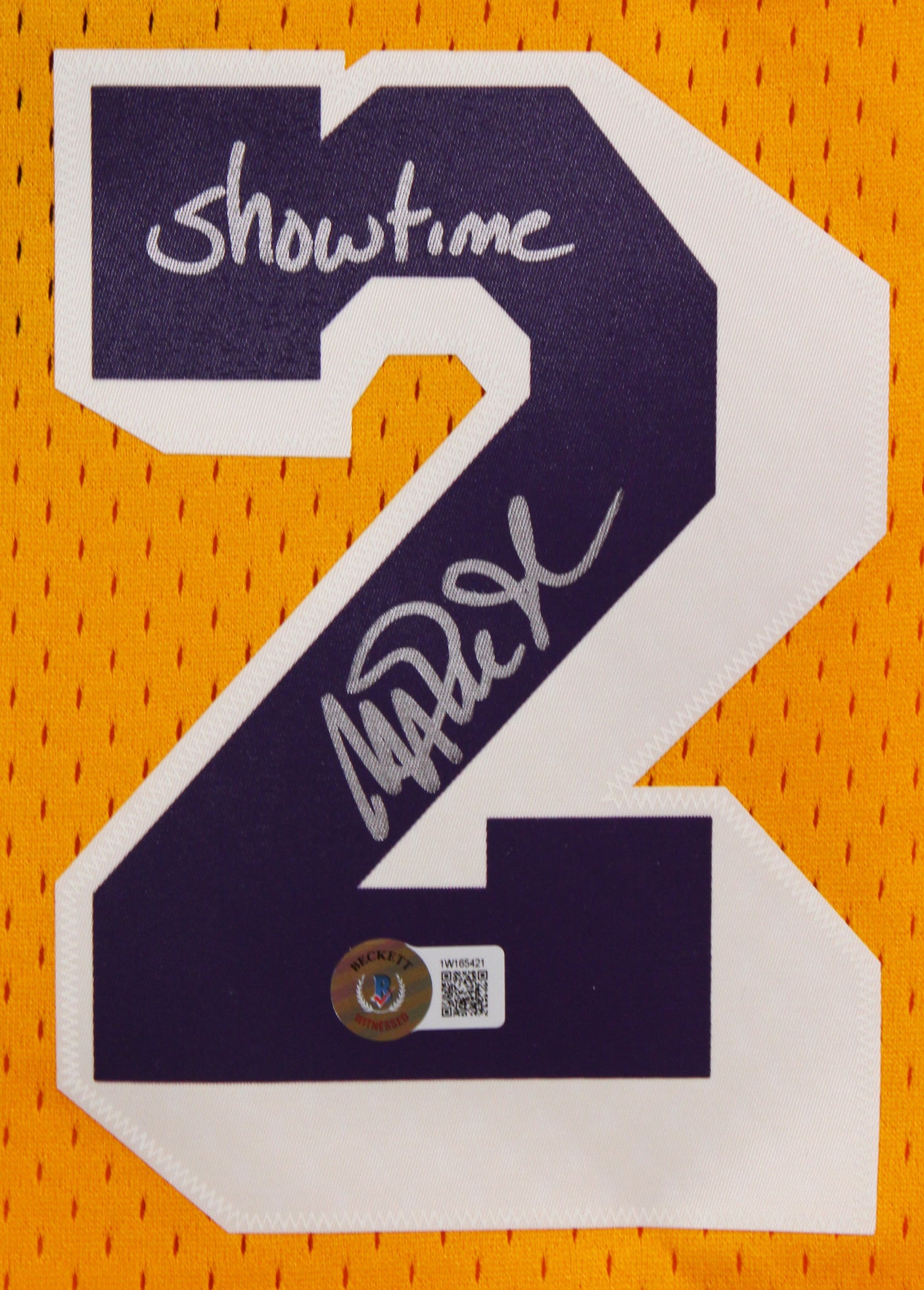 Lakers Magic Johnson "Showtime" Signed Yellow M&N HWC Swingman Jersey BAS Wit