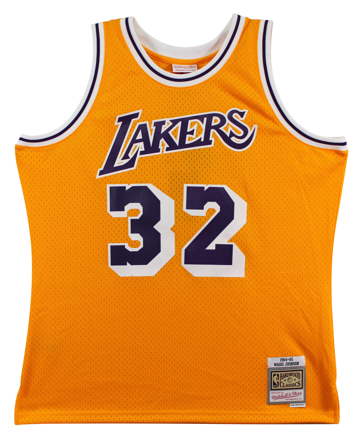 Lakers Magic Johnson "Showtime" Signed Yellow M&N HWC Swingman Jersey BAS Wit