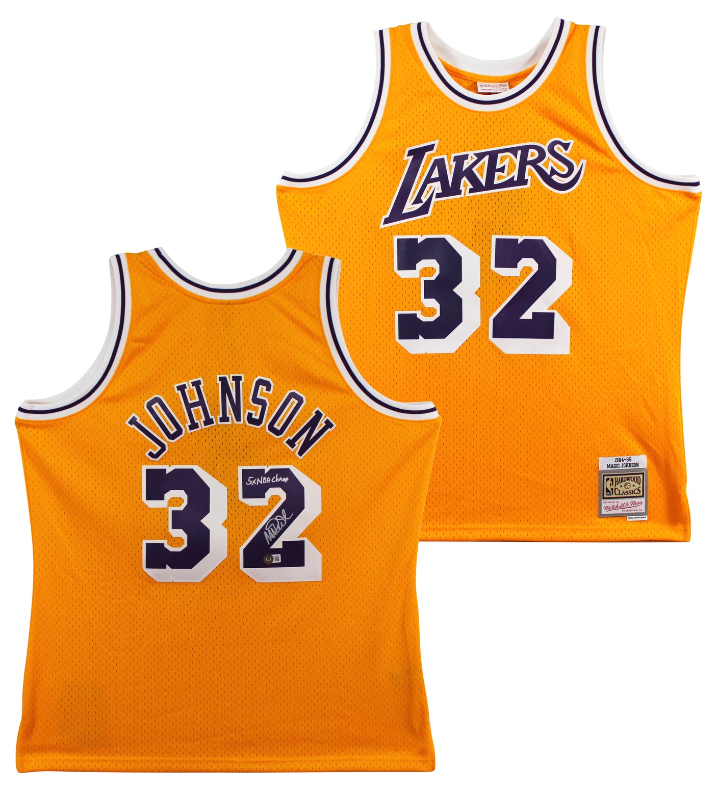 Lakers Magic Johnson "5x NBA Champ" Signed Yellow M&N HWC Swingman Jersey BAS W
