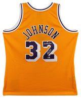Lakers Magic Johnson "5x NBA Champ" Signed Yellow M&N HWC Swingman Jersey BAS W