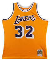 Lakers Magic Johnson "5x NBA Champ" Signed Yellow M&N HWC Swingman Jersey BAS W