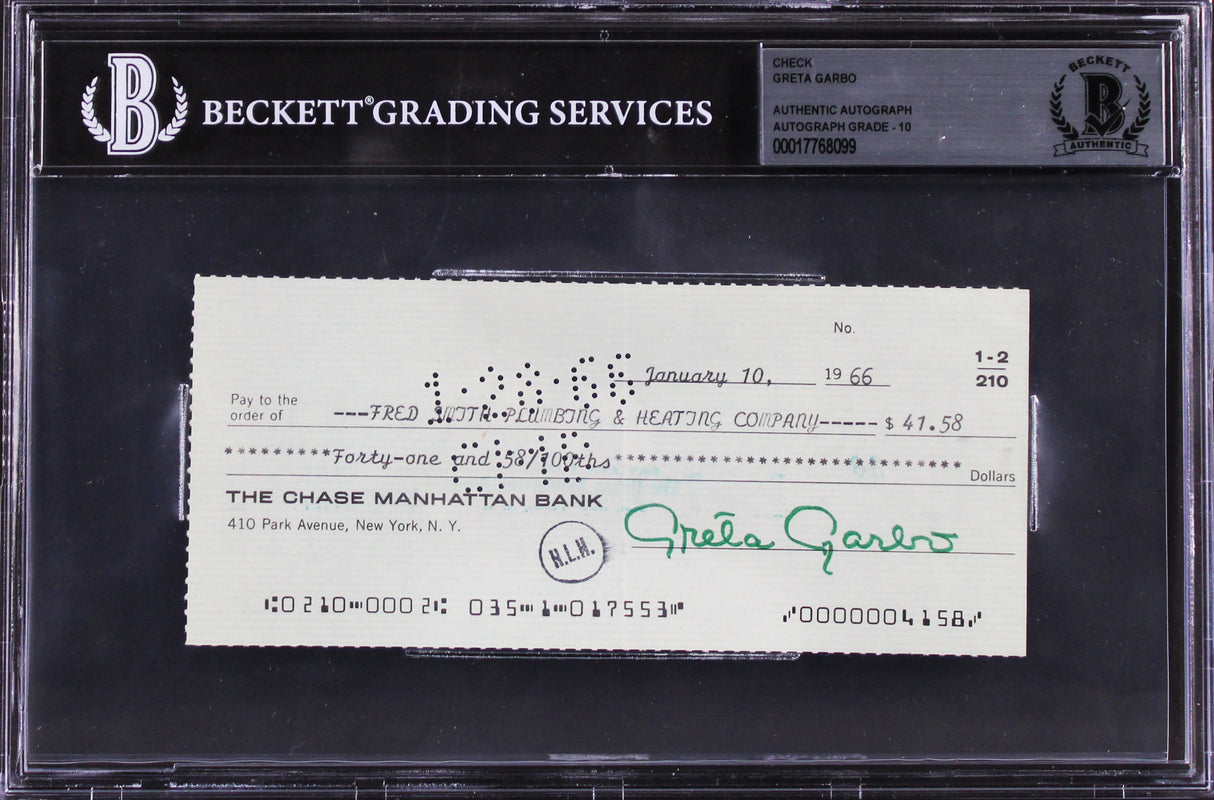 Greta Garbo Authentic Signed 2.75x6.25 1966 Personal Check Auto 10! BAS Slabbed