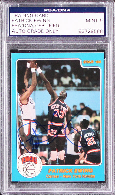 Knicks Patrick Ewing Signed Star '86 RC Card Auto Graded Mint 9! PSA/DNA Slabbed
