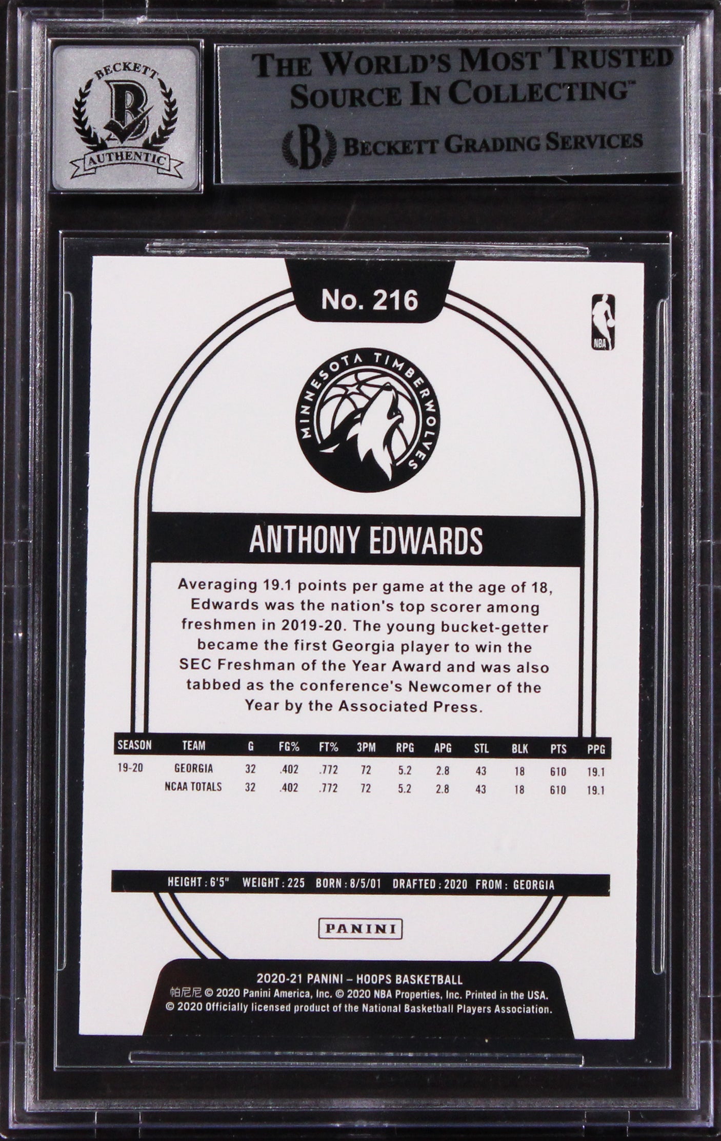 Anthony Edwards Signed 2020 Hoops #216 Rookie Card Auto 10! BAS Slabbed