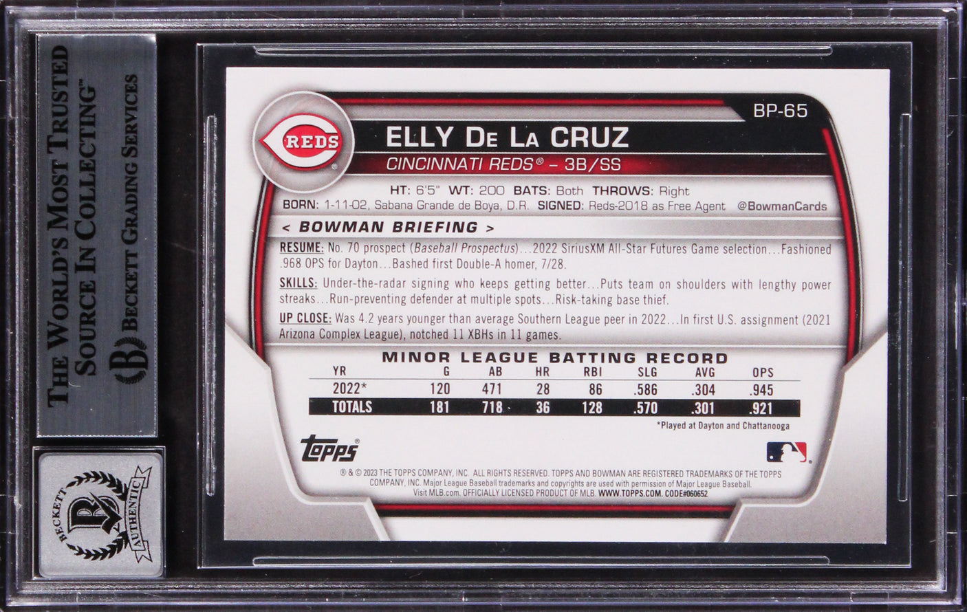 Reds Elly De La Cruz Signed 2023 Bowman Prospects #BP65 RC Card Auto 10 BAS Slab