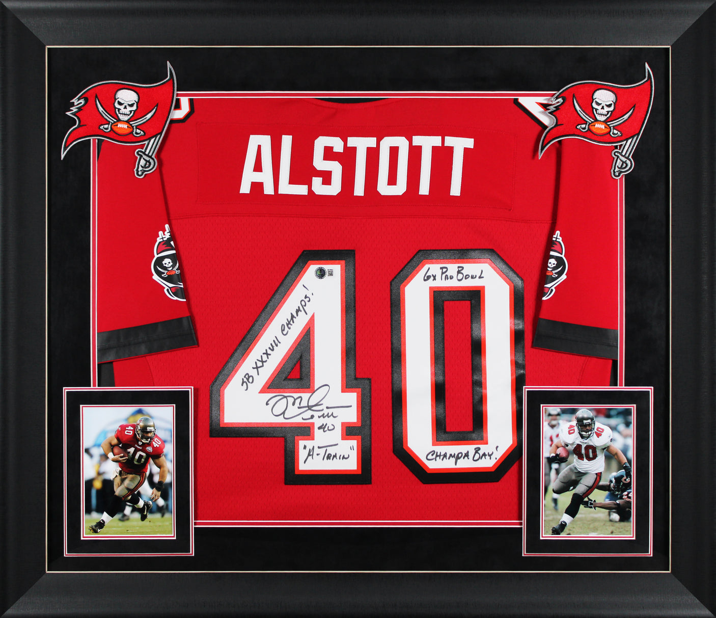 Buccaneers Mike Alstott "4x Insc" Signed Red M&N TB Framed Jersey BAS Witness