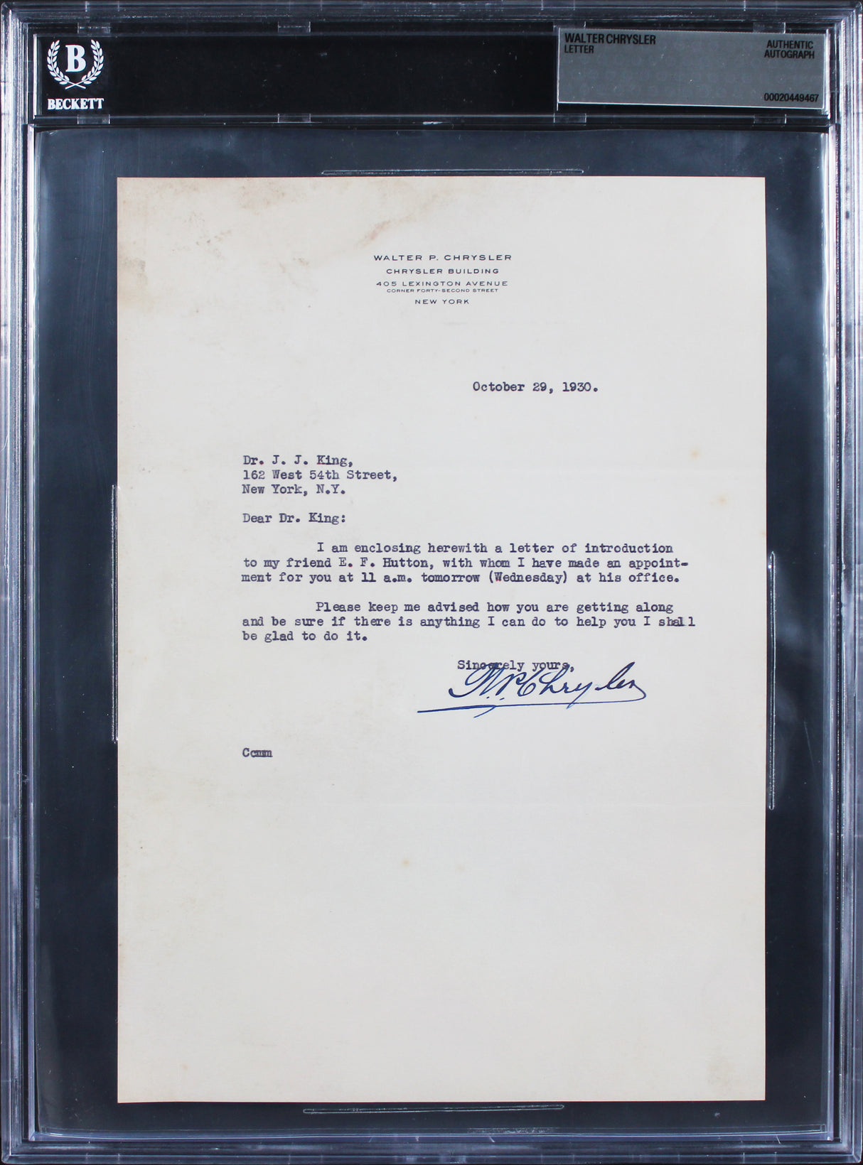 Walter Chrysler Authentic Signed 7.25x10.35 1930 Typed Letter BAS Slabbed